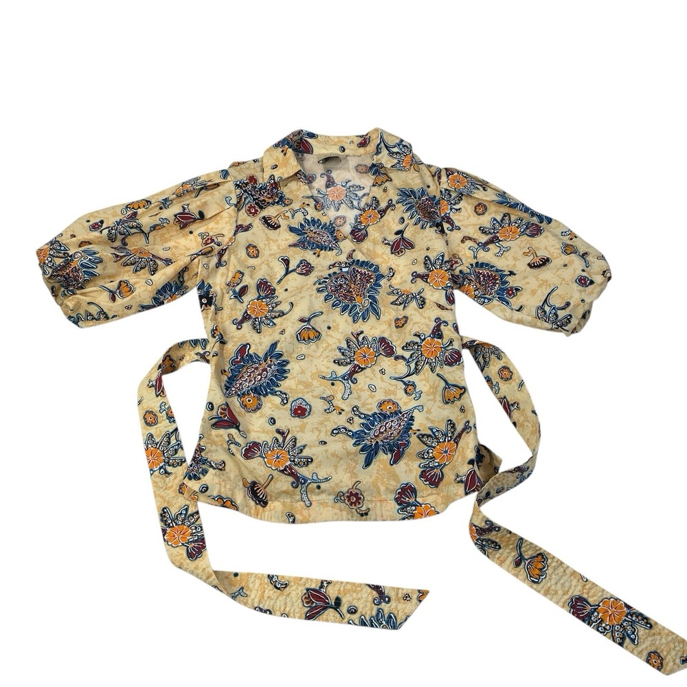 Elie Tahari Yellow Floral Belted Wrap Blouse Size S Puff Sleeve Lined